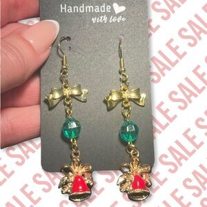 Handmade Gold Bow & Bell Drop Earrings with Green Beads